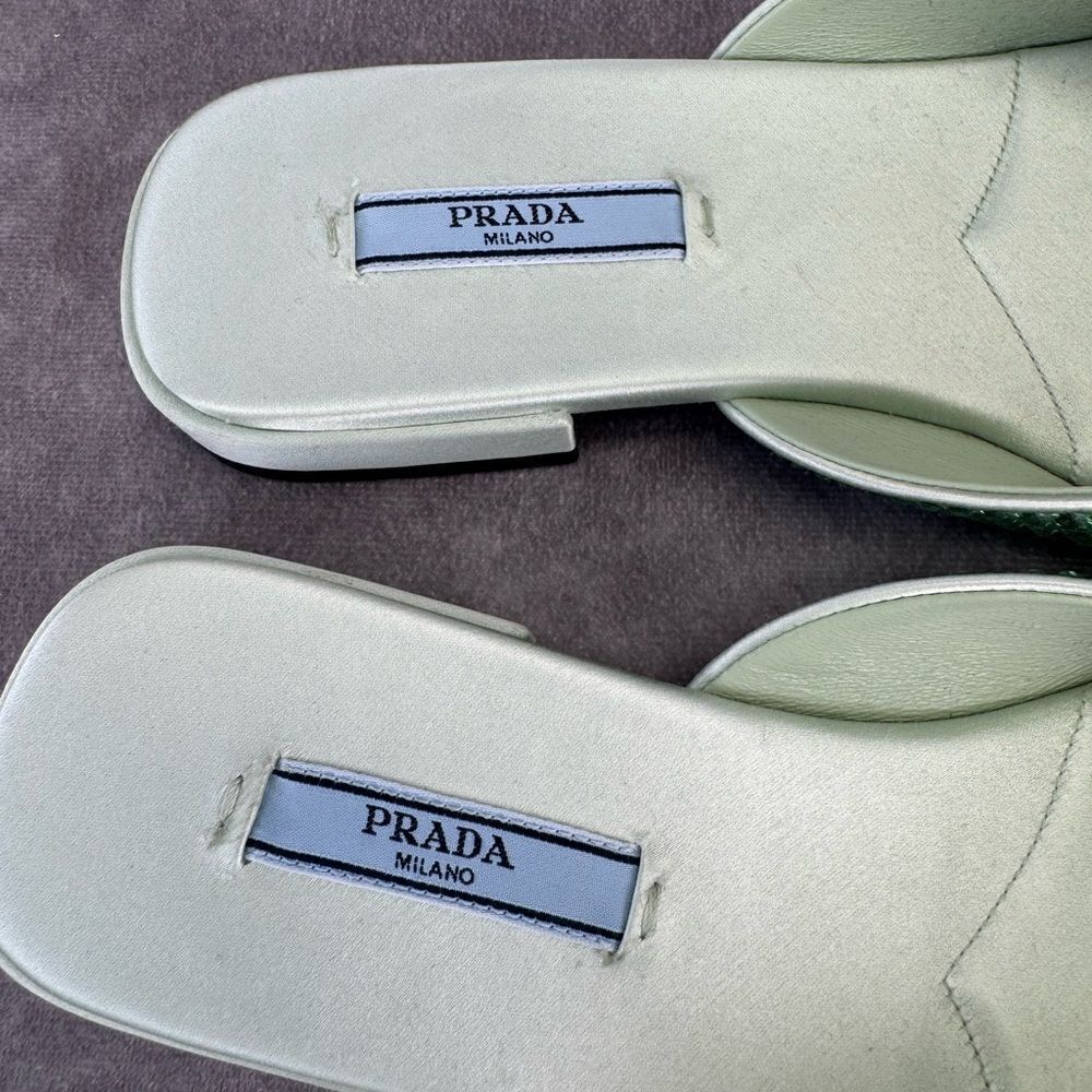 Prada Satin Crystal Embellished Green Slide Mules Sandals 37 NEW - Picture 5 of 9